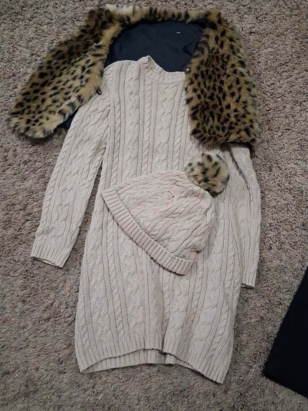 Cream Cable Knit Sweater Dress with Pom Beanie
